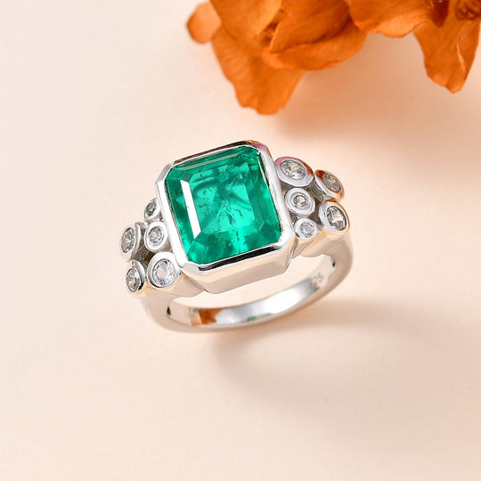 Smaragd-Triplette-Quarz, Weißer Zirkon Ring, 925 Silber rhodiniert (Größe 19.00) ca. 5.94 ct