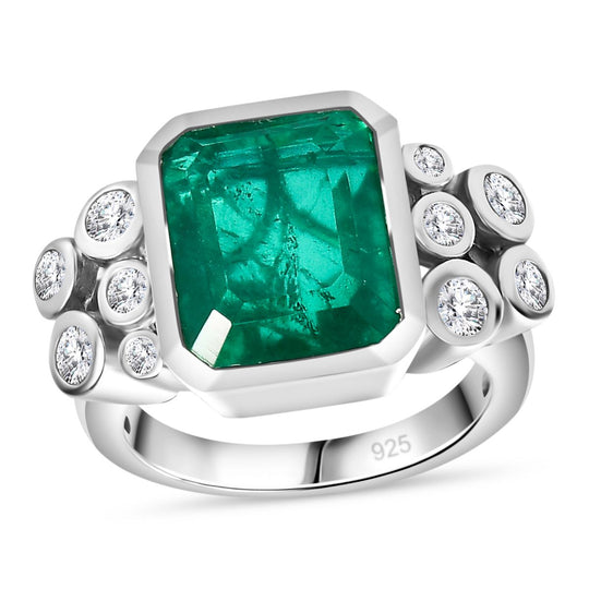 Smaragd-Triplette-Quarz, Weißer Zirkon Ring, 925 Silber rhodiniert (Größe 19.00) ca. 5.94 ct