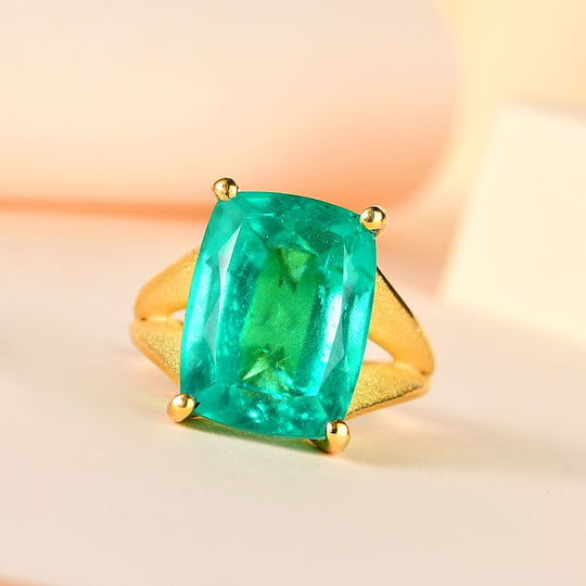 Smaragd-Triplette-Quarz Ring, 925 Silber Gelbgold Vermeil, (Größe 18.00) ca. 13.50 ct