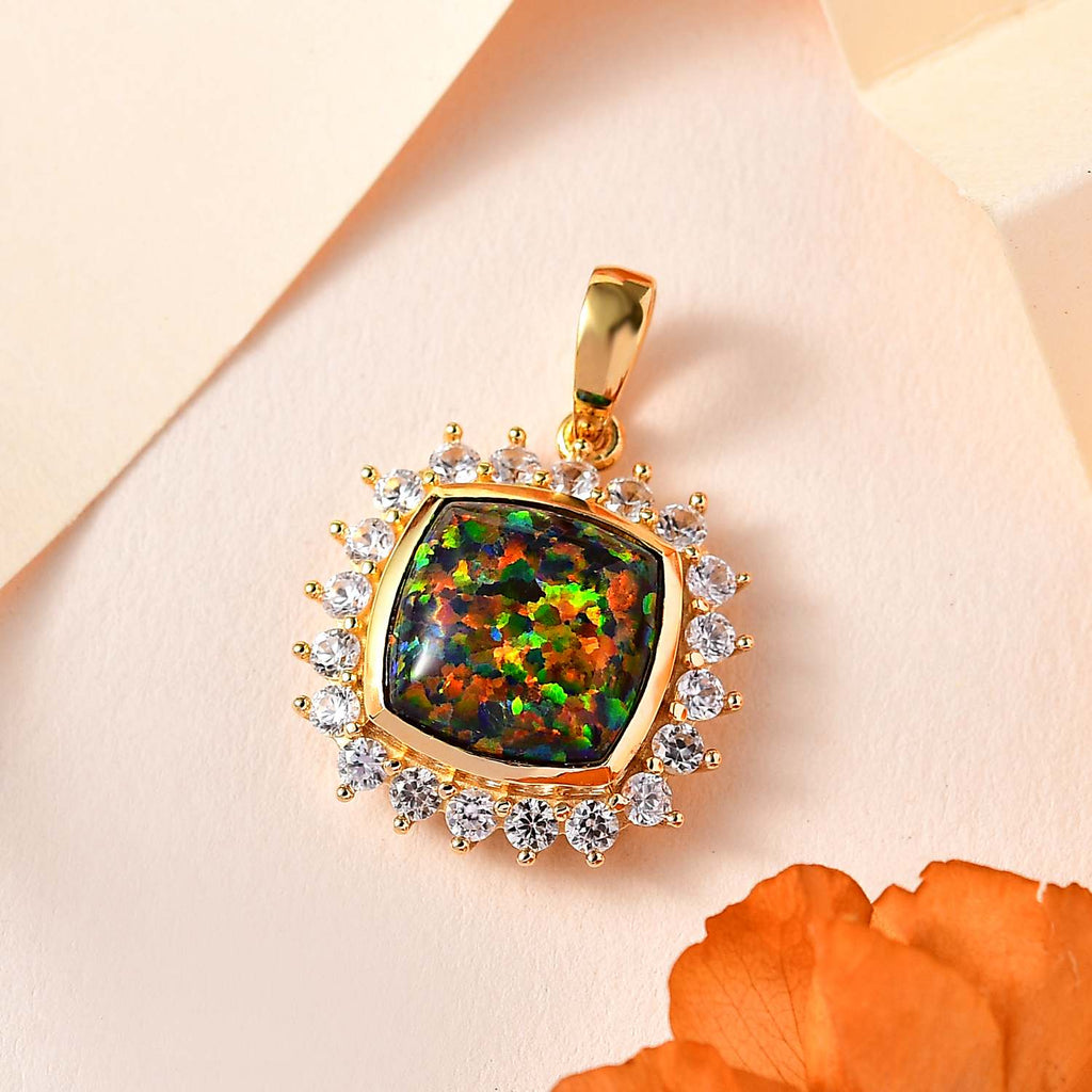 Labor erstellt schwarzen Opal, Weißer Zirkon Anhänger 925 Silber Gelbgold Vermeil ca. 3,69 ct.