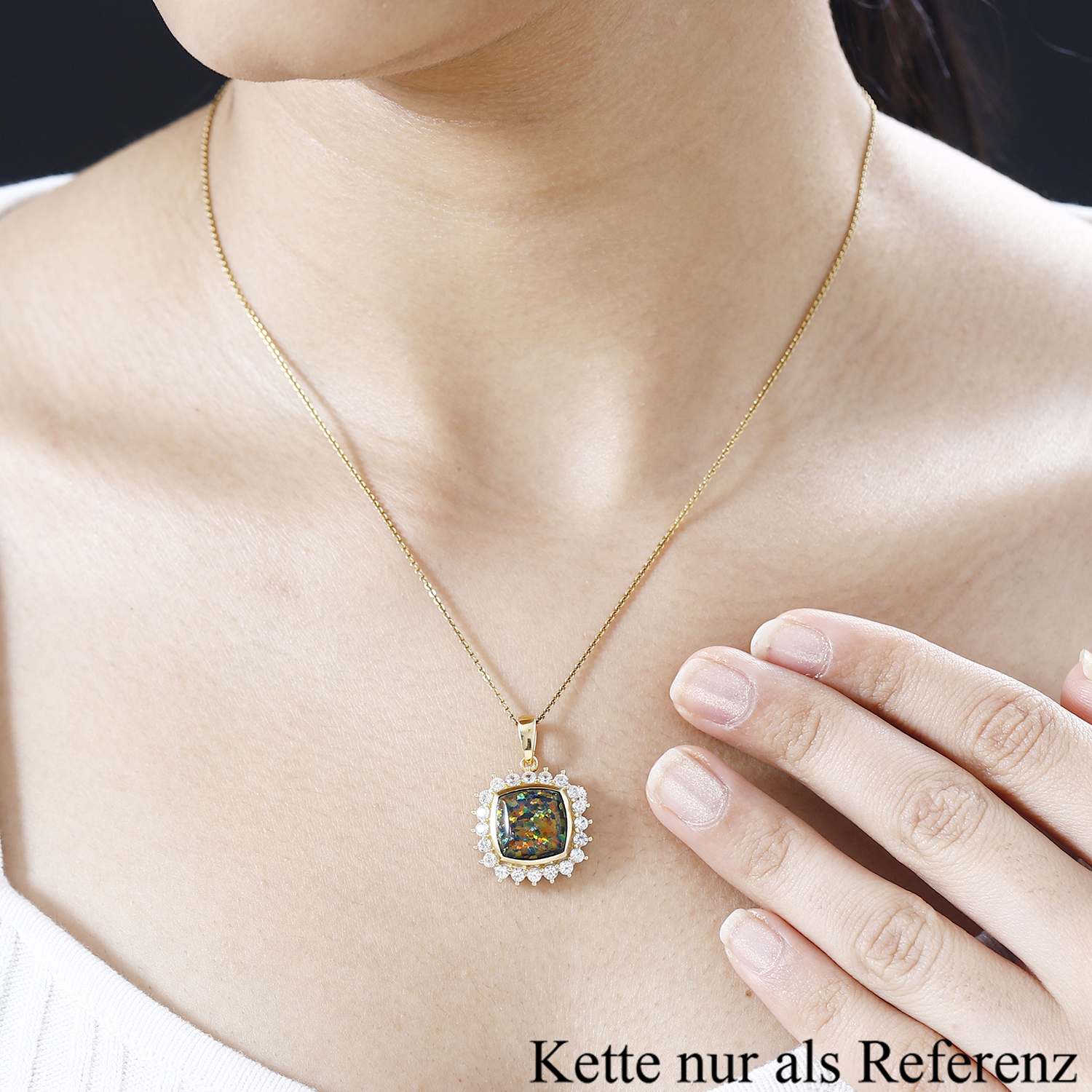 Labor erstellt schwarzen Opal, Weißer Zirkon Anhänger 925 Silber Gelbgold Vermeil ca. 3,69 ct.