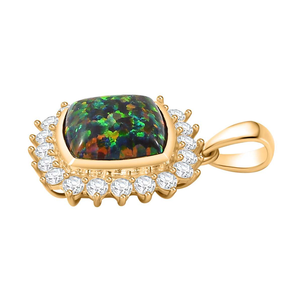 Labor erstellt schwarzen Opal, Weißer Zirkon Anhänger 925 Silber Gelbgold Vermeil ca. 3,69 ct.