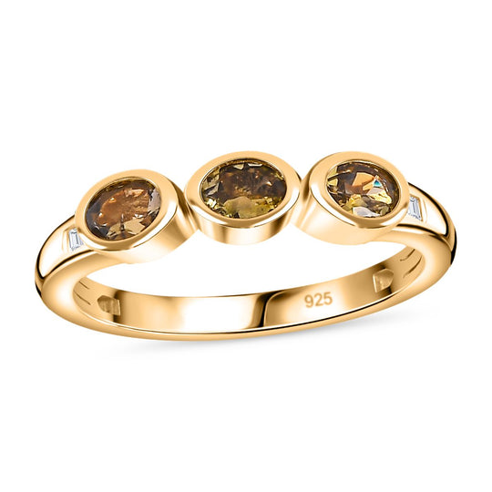AA Natürlicher goldener Tansanit, Weißer Diamant Ring, 925 Silber Gelbgold Vermeil, (Größe 21.00) ca. 0.51 ct