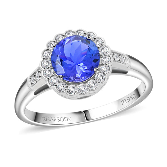 Rhapsody AAAA Tansanit, Weißer Diamant AGI zertifiziert Ring 950 Platin (Größe 20.00) ca. 2.10 ct