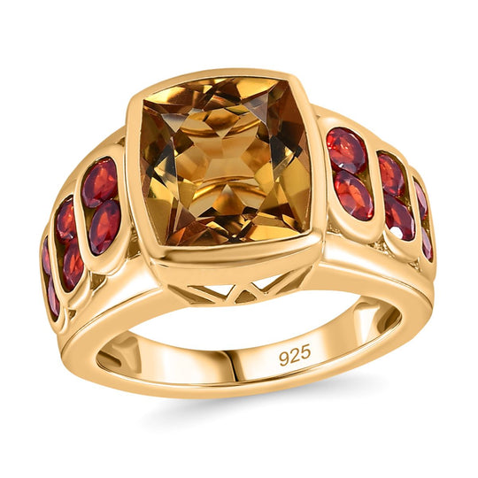 AA Citrin, Mosambik Granat Ring 925 Silber Gelbgold Vermeil ca. 5,42 ct