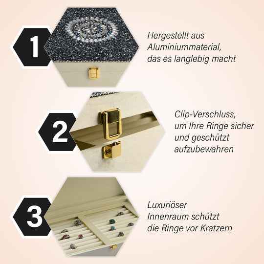 Exklusive Funkelnde Perlen-Ringbox - Handgefertigte Premium-Aufbewahrung für Ringe, Größe: L(34,5) x B(9,75) x H(2,5) cm, Schwarz