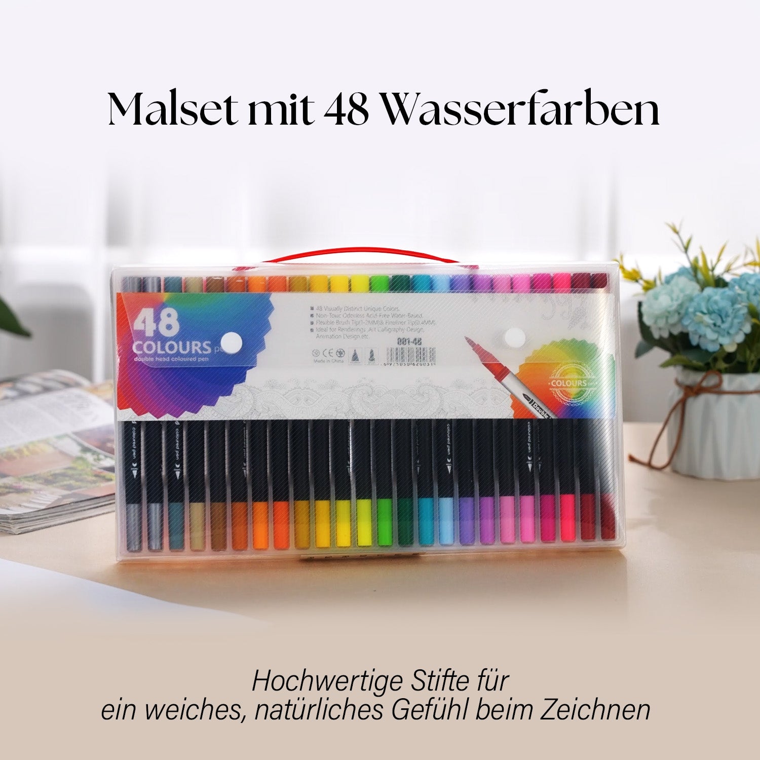 Kreativ Set 48-teilig - Doppelspitzen Pinsel- und Fineliner-Stifte mit Tragbarer Aufbewahrungsbox