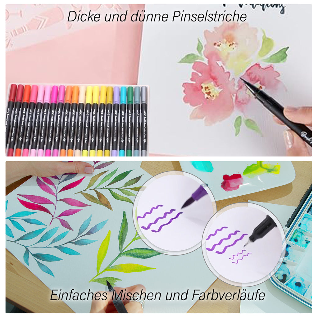 Kreativ Set 48-teilig - Doppelspitzen Pinsel- und Fineliner-Stifte mit Tragbarer Aufbewahrungsbox