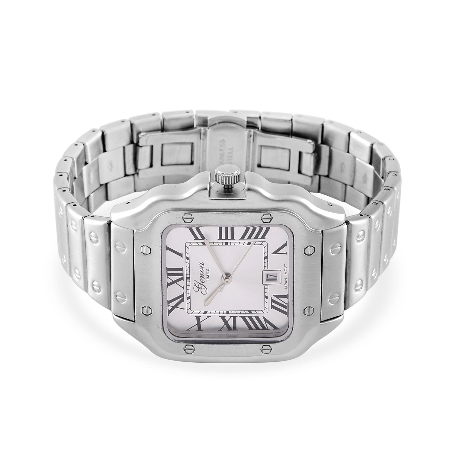 GENOA - Elegante Japan-Uhr mit Datumsfunktion, IPS-versilbertem Gehäuse, römischen Ziffern, Edelstahlarmband, 3 ATM Wasserdichtigkeit, 20 cm