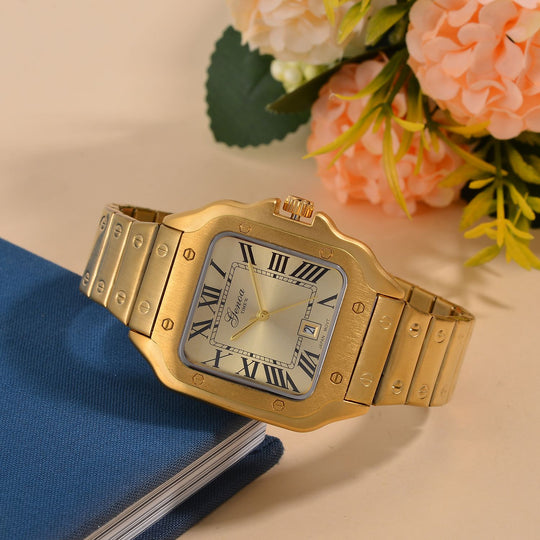 GENOA - Elegante Japan-Uhr mit Datumsfunktion, IPS-versilbertem Gehäuse, römischen Ziffern, Edelstahlarmband, 3 ATM Wasserdichtigkeit, 20 cm, vergoldet