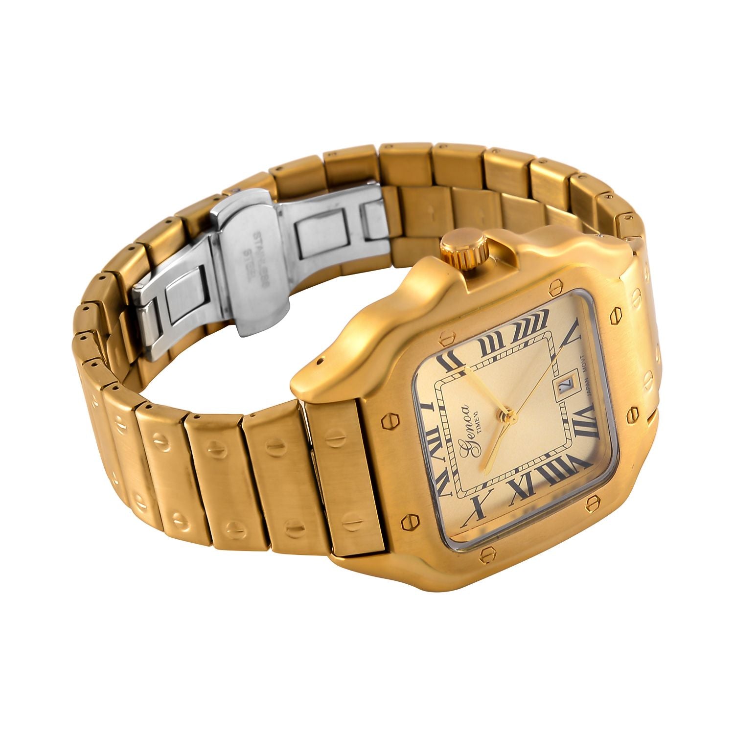 GENOA - Elegante Japan-Uhr mit Datumsfunktion, IPS-versilbertem Gehäuse, römischen Ziffern, Edelstahlarmband, 3 ATM Wasserdichtigkeit, 20 cm, vergoldet
