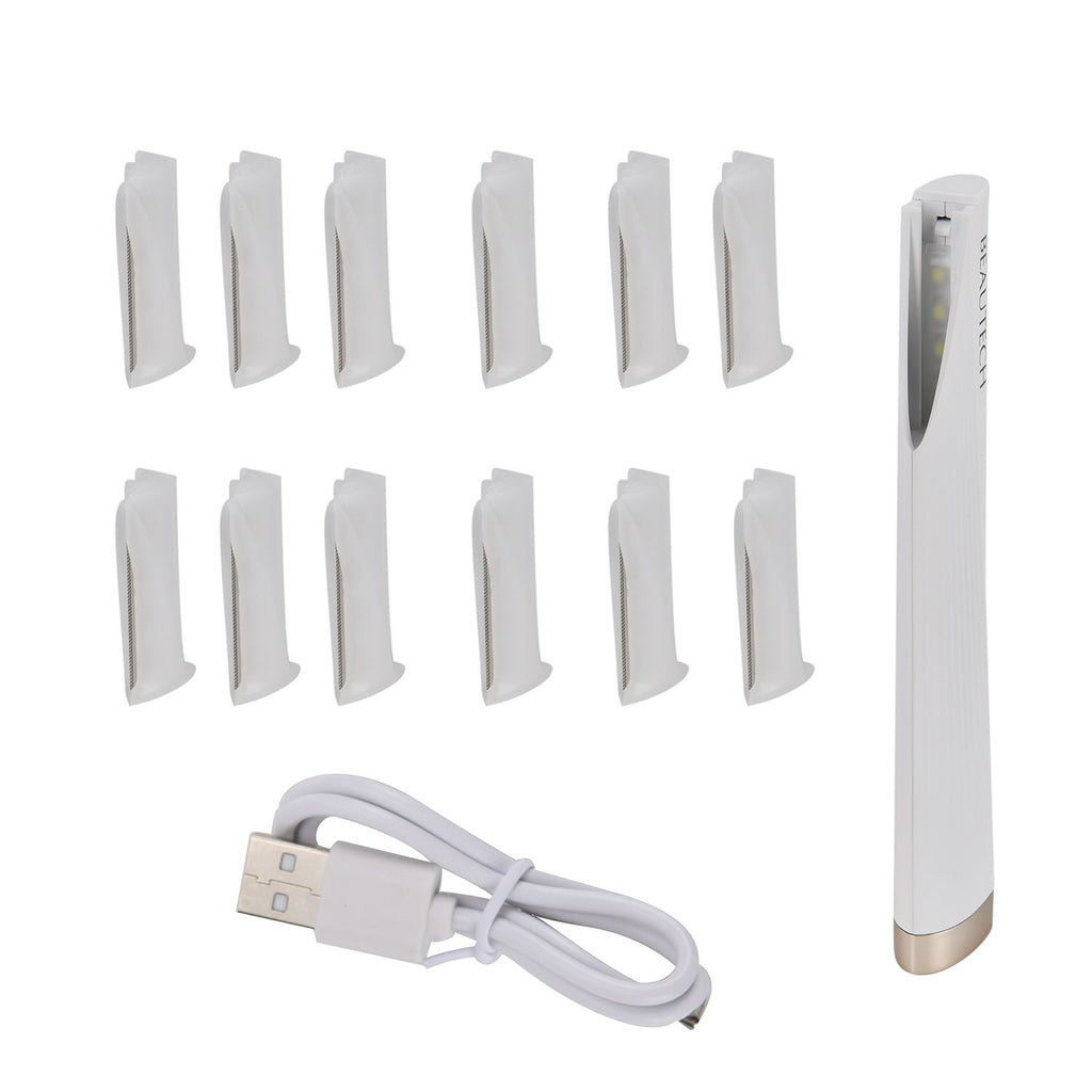 BEAUTECH Mini Sonic Pfirsichflaum-Entferner - 2-in-1 Dermaplaning & Augenbrauen-Trimmer, mit 6 Ersatzklingen und LED-Funktion, Größe: 13x2,7x1,1 cm