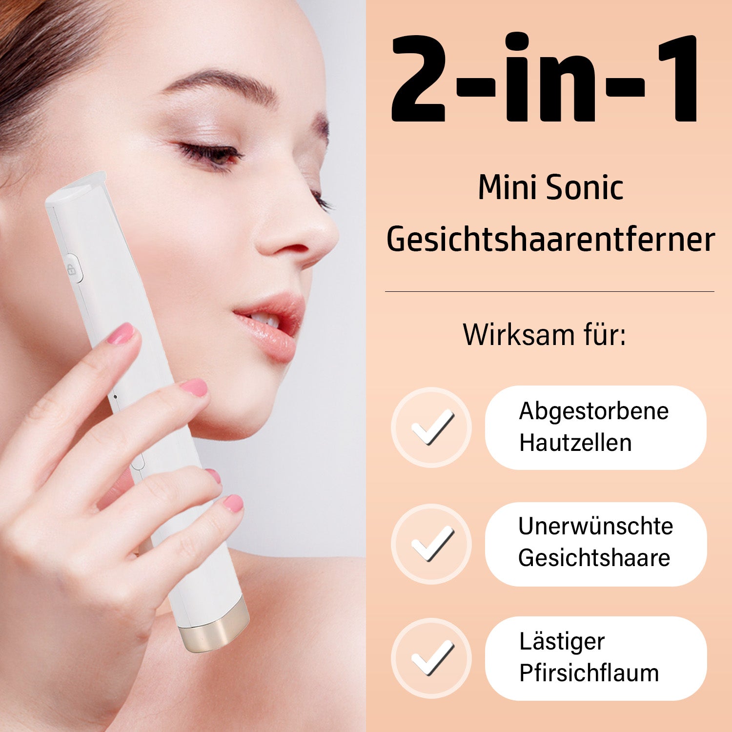 BEAUTECH Mini Sonic Pfirsichflaum-Entferner - 2-in-1 Dermaplaning & Augenbrauen-Trimmer, mit 6 Ersatzklingen und LED-Funktion, Größe: 13x2,7x1,1 cm