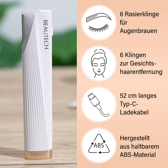 BEAUTECH Mini Sonic Pfirsichflaum-Entferner - 2-in-1 Dermaplaning & Augenbrauen-Trimmer, mit 6 Ersatzklingen und LED-Funktion, Größe: 13x2,7x1,1 cm