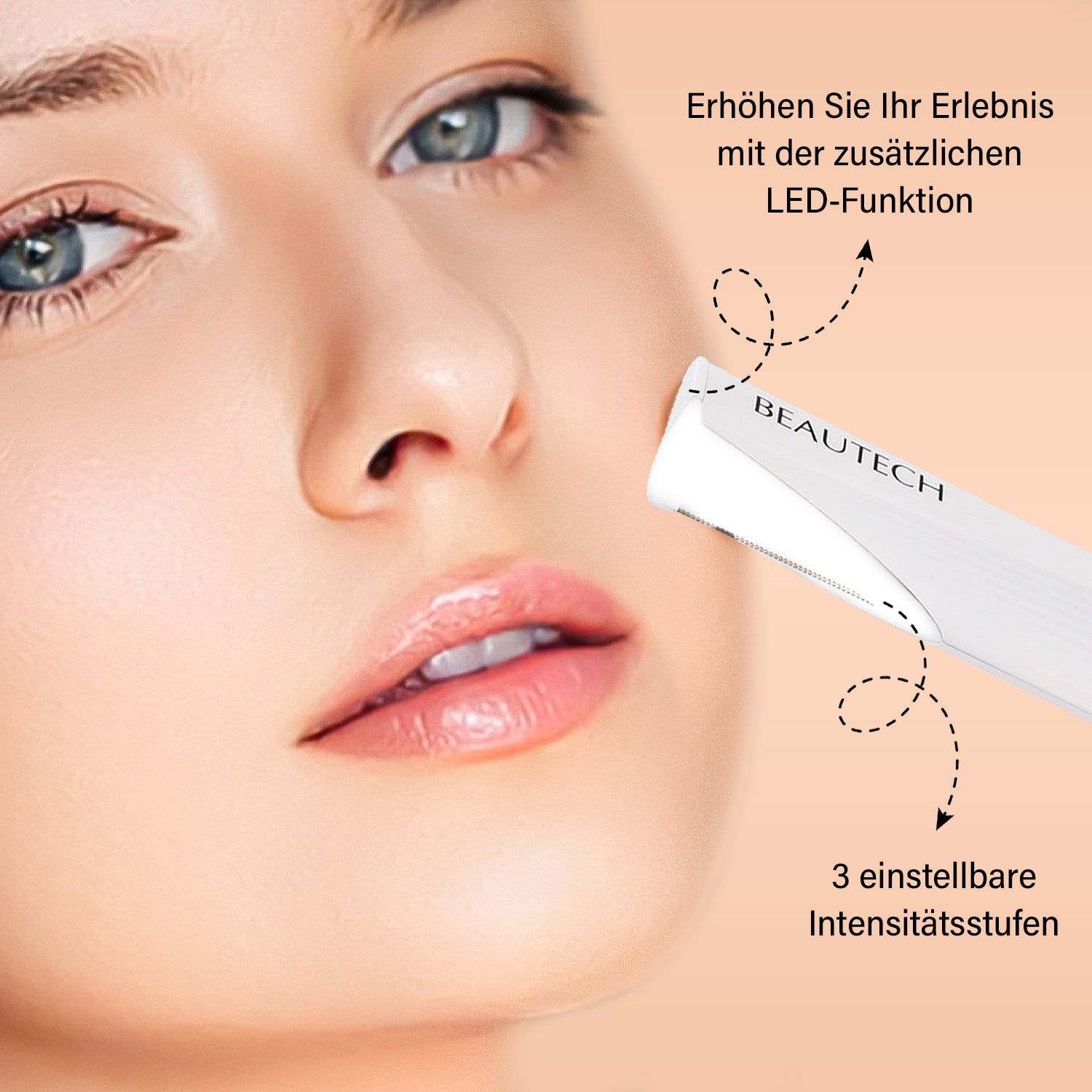 BEAUTECH Mini Sonic Pfirsichflaum-Entferner - 2-in-1 Dermaplaning & Augenbrauen-Trimmer, mit 6 Ersatzklingen und LED-Funktion, Größe: 13x2,7x1,1 cm