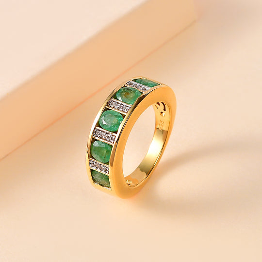 Kagem Sambischer Smaragd, Weißer Zirkon Ring, 925 Silber Gelbgold Vermeil, (Größe 19.00) ca. 1.73 ct