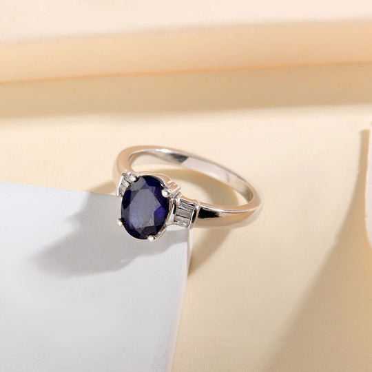 Masoala Saphir (Fissure gefüllt), Weißer Diamant Ring 925 Silber platiniert ca. 1,91 ct
