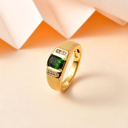 Natürlicher Chromdiopsid, Weißer Zirkon Ring, 925 Silber Gelbgold Vermeil (Größe 18.00) ca. 1.23 ct