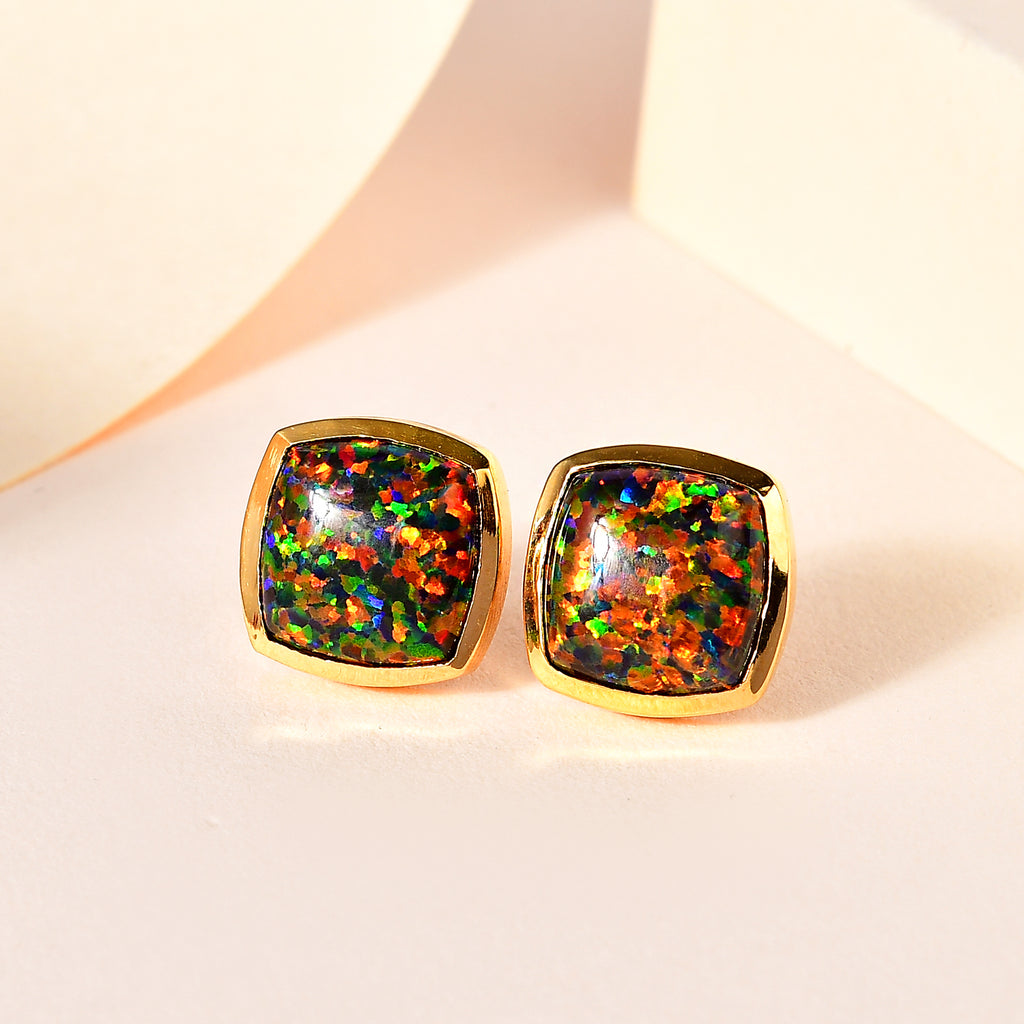 Labor erstellt schwarzen Opal Ohrringe 925 Silber Gelbgold Vermeil ca. 3,43 ct.