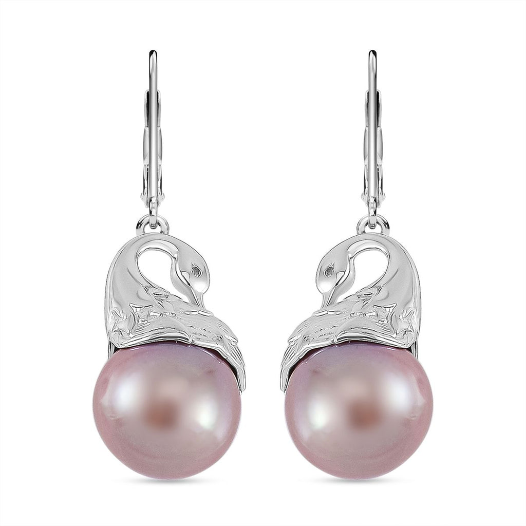 Lila Edison Perle, Weißer Zirkon Ohrringe 925 Silber platiniert