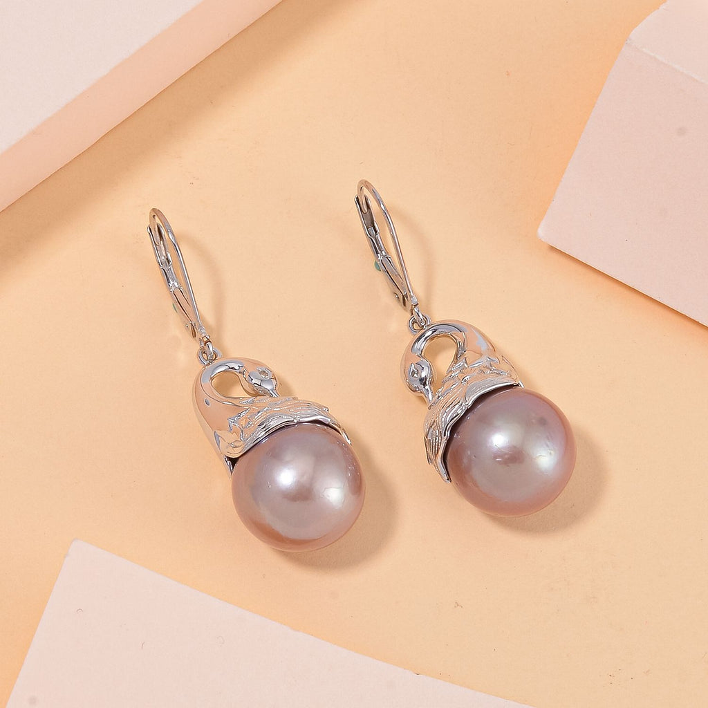 Lila Edison Perle, Weißer Zirkon Ohrringe 925 Silber platiniert