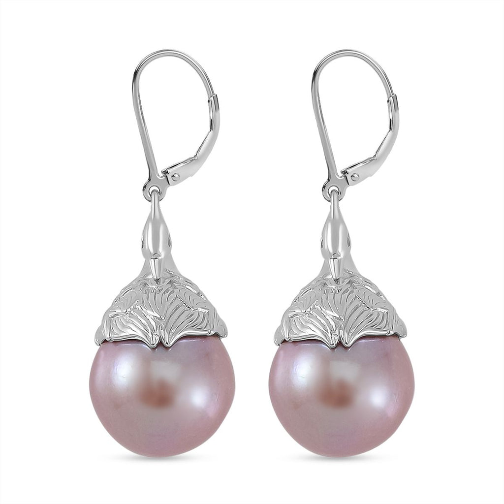 Lila Edison Perle, Weißer Zirkon Ohrringe 925 Silber platiniert