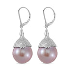 Lila Edison Perle, Weißer Zirkon Ohrringe 925 Silber platiniert