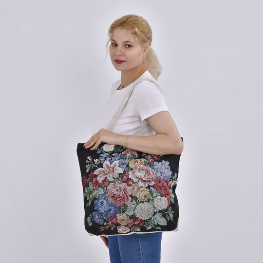 Gewebte Jutetasche mit buntem Blumenmuster, Maße: 42x34xx37cm, Schwarz