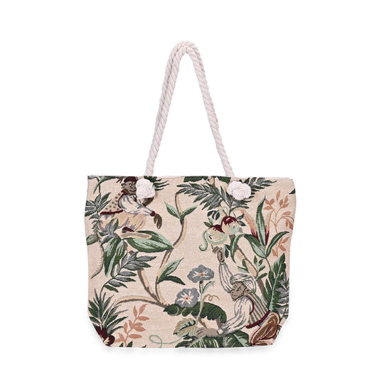 Gewebte Jutetasche mit buntem Blumenmuster, Maße: 42x34xx37cm, Schwarz