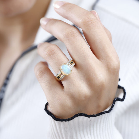 AA Natürlicher, äthiopischer Welo Opal, Mehrfarbiger-Turmalin Ring, 925 Silber 750 Gelb Vermeil (Größe 19.00) ca. 2.05 ct