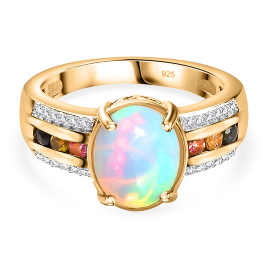 AA Natürlicher, äthiopischer Welo Opal, Mehrfarbiger-Turmalin Ring, 925 Silber 750 Gelb Vermeil (Größe 19.00) ca. 2.05 ct
