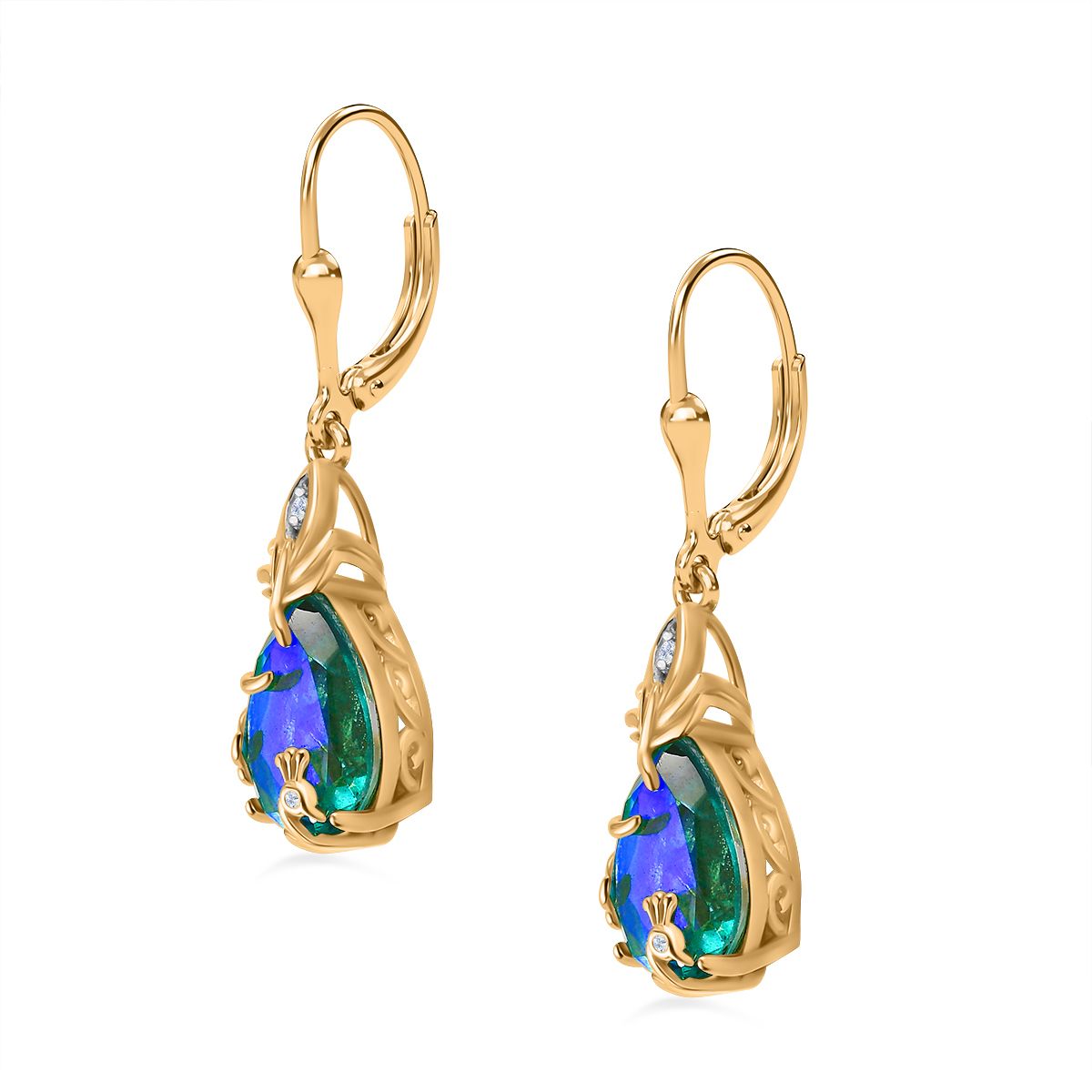 Pfau Quarz Triplette, Weißer Zirkon Ohrringe 925 Silber Gelbgold Vermeil ca. 6.81 ct