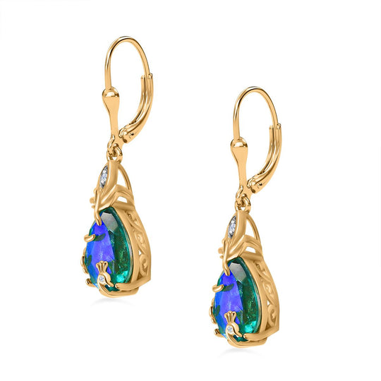 Pfau Quarz Triplette, Weißer Zirkon Ohrringe 925 Silber Gelbgold Vermeil ca. 6.81 ct