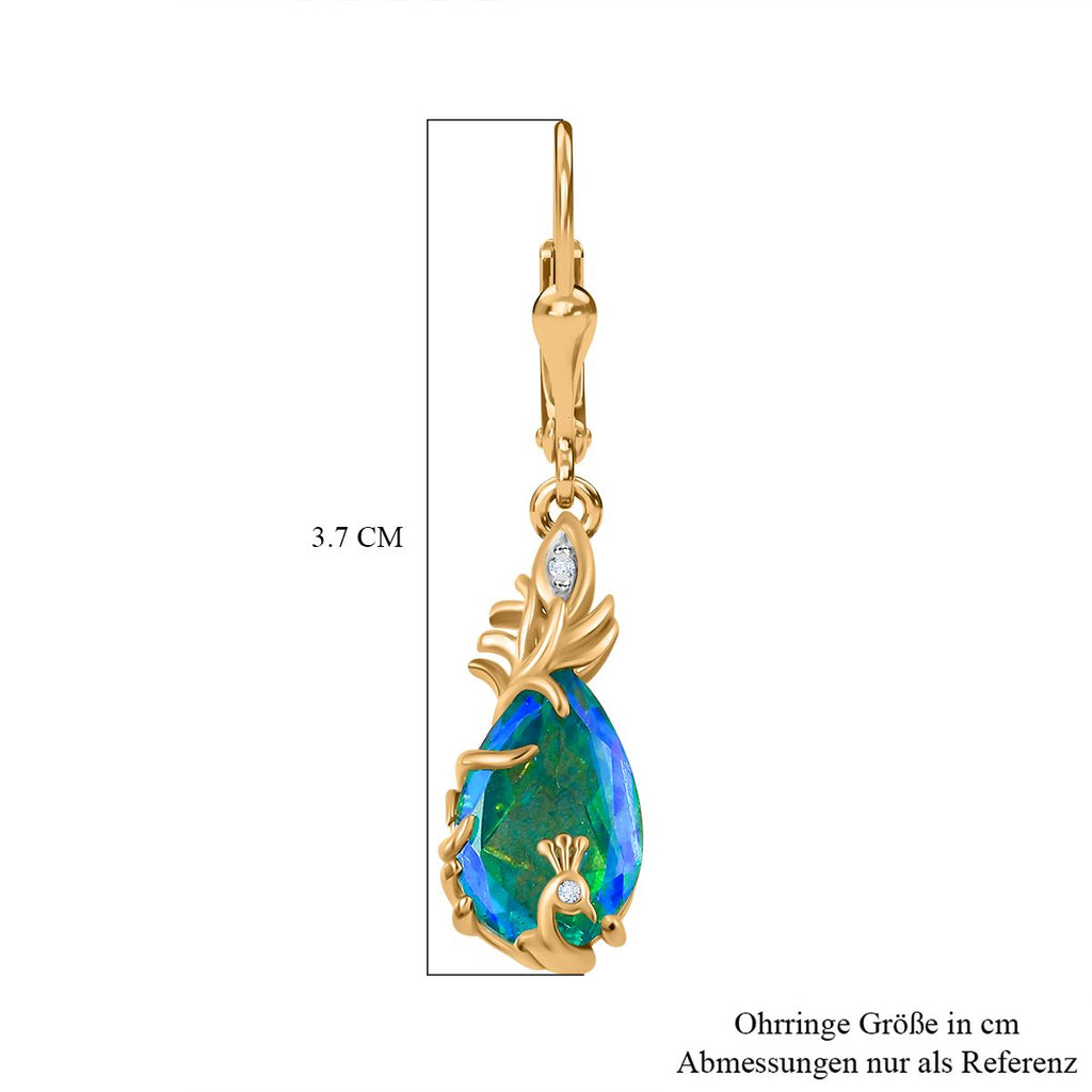 Pfau Quarz Triplette, Weißer Zirkon Ohrringe 925 Silber Gelbgold Vermeil ca. 6.81 ct