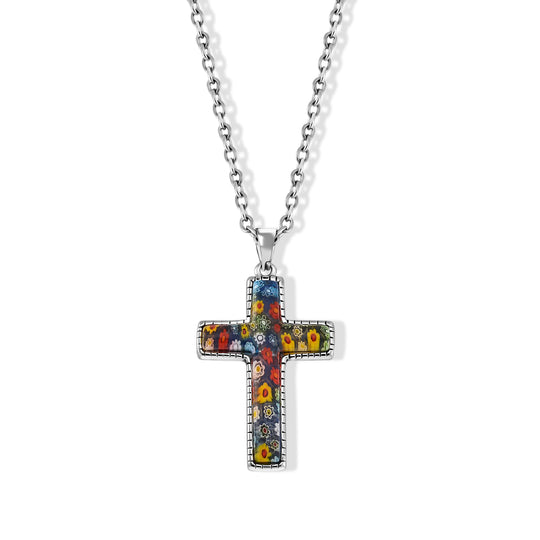 Kreuz 60cm Halskette im Murano-Stil, Edelstahl Bicolor