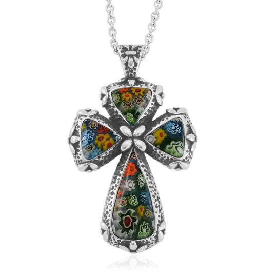 Oxidierter Kreuz-Anhänger im Murano-Stil mit 50cm Kette, Edelstahl