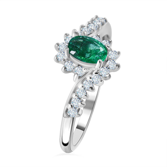 AAA Kagem Sambischer Smaragd, Weißer Zirkon Ring 925 Silber rhodiniert (Größe 17.00) ca. 0,96 ct