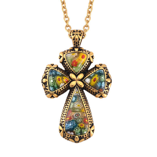 Kreuz 60cm Halskette im Murano-Stil, Edelstahl Bicolor