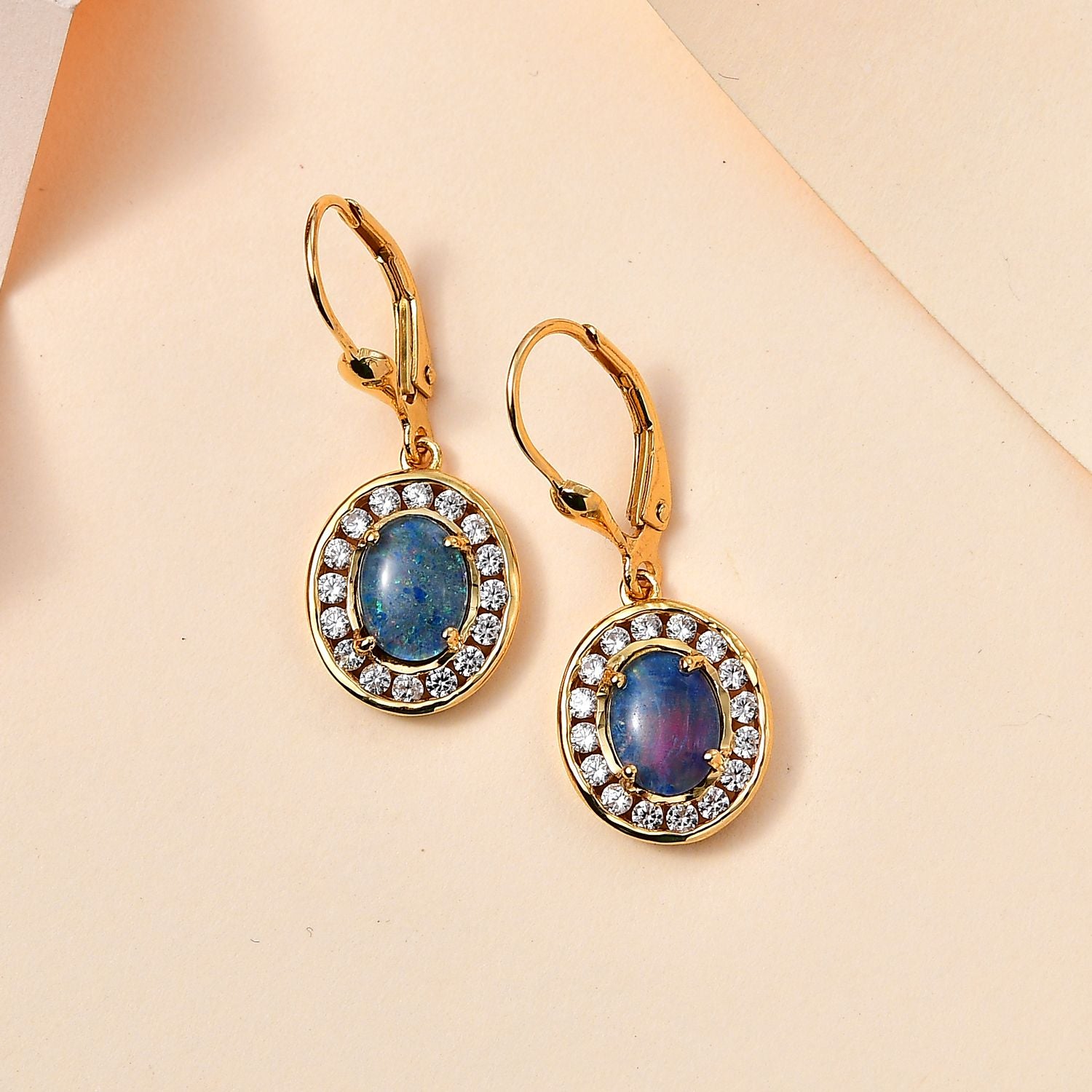 Boulder Opal Triplette, Weißer Zirkon Ohrringe 925 Silber Gelbgold Vermeil ca. 2.87 ct
