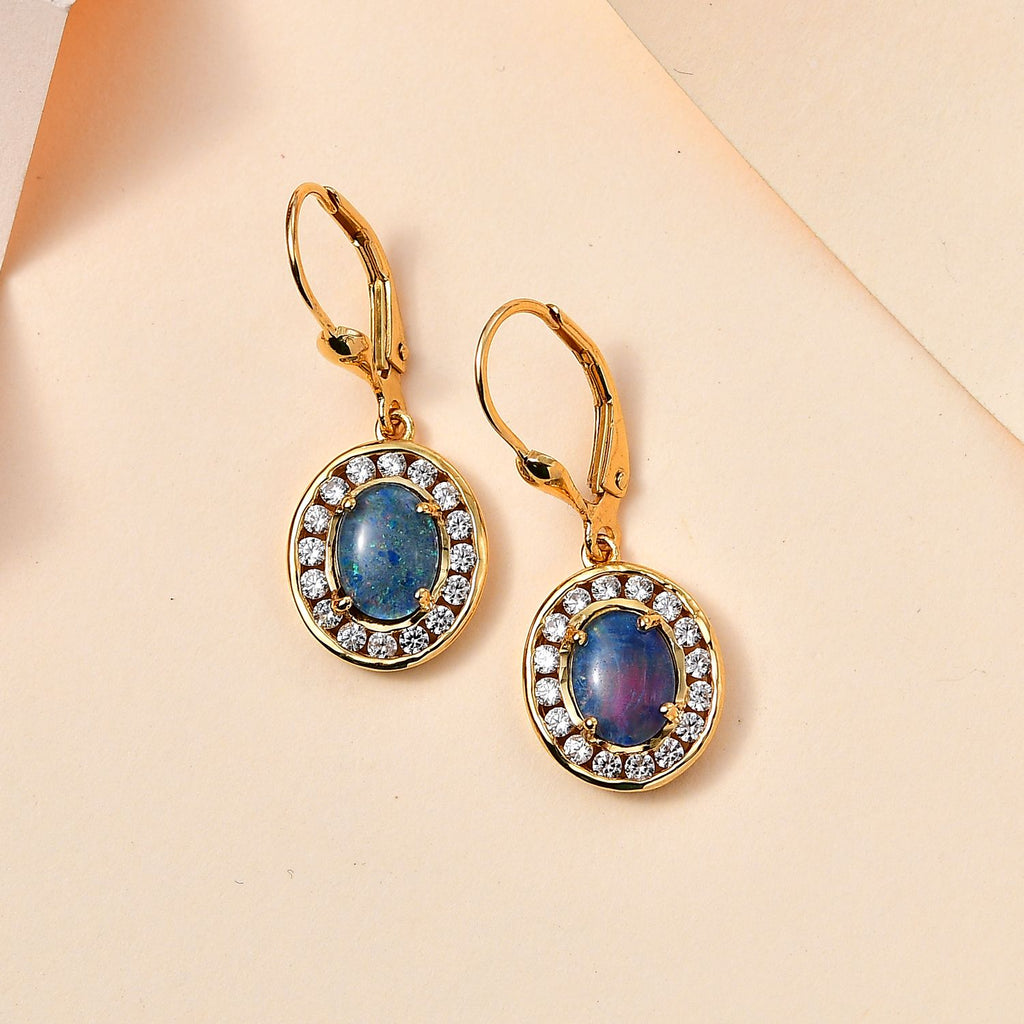 Boulder Opal Triplette, Weißer Zirkon Ohrringe 925 Silber Gelbgold Vermeil ca. 2.87 ct