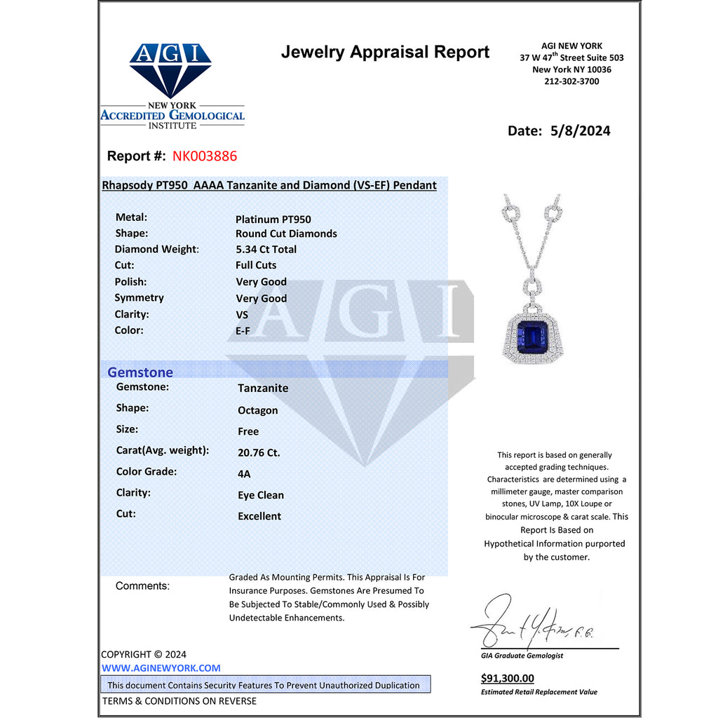 CHAIRMAN VAULT COLLECTION - AAAA Tansanit, Weißer Diamant AGI zertifiziert Halskette, zertifiziert und geprüft, 950 Platin ca. 26.06 ct