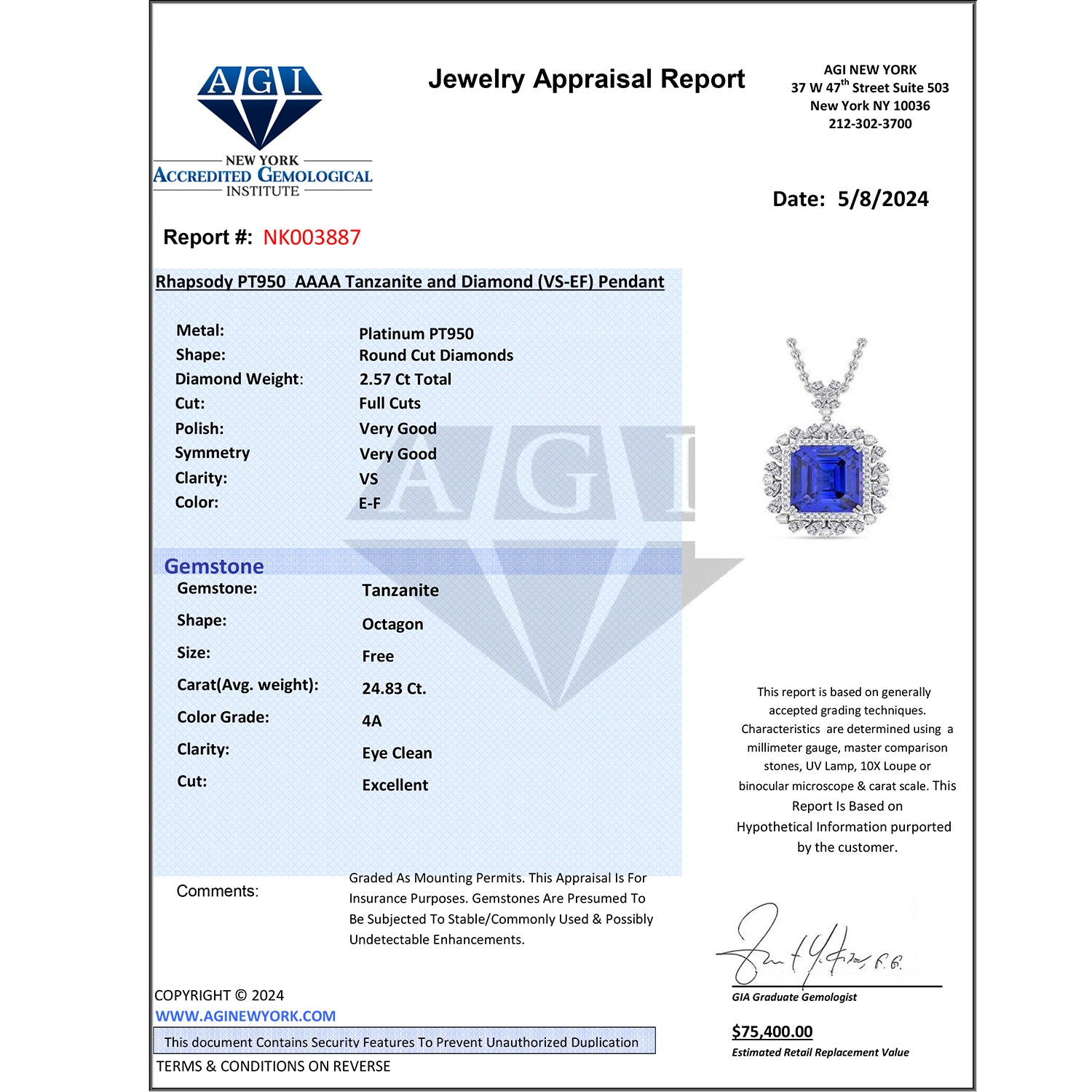 CHAIRMAN VAULT COLLECTION - AAAA Tansanit, Weißer Diamant AGI zertifiziert Anhänger, zertifiziert und geprüft, 950 Platin ca. 27.39 ct