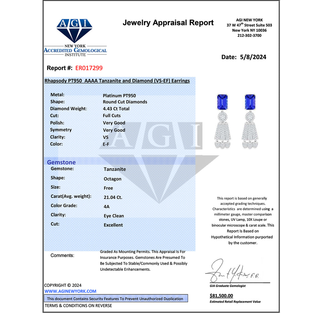 CHAIRMAN VAULT COLLECTION - AAAA Tansanit, Weißer Diamant AGI zertifiziert Ohrringe, zertifiziert und geprüft, 950 Platin ca. 25.47 ct