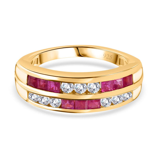 Afrikanischer Rubin (Fissure gefüllt), Weißer Zirkon Ring, 925 Silber vergoldet (Größe 21.00) ca. 1.49 ct