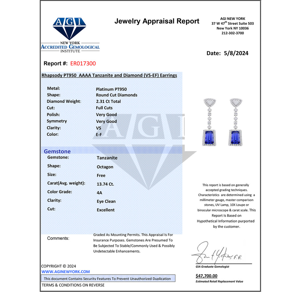CHAIRMAN VAULT COLLECTION - AAAA Tansanit, Weißer Diamant AGI zertifiziert Ohrringe, zertifiziert und geprüft, 950 Platin ca. 16.06 ct
