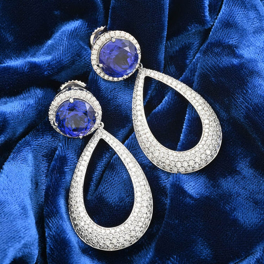 CHAIRMAN VAULT COLLECTION - AAAA Tansanit, Weißer Diamant AGI zertifiziert Ohrringe, zertifiziert und geprüft, 950 Platin ca. 18.64 ct