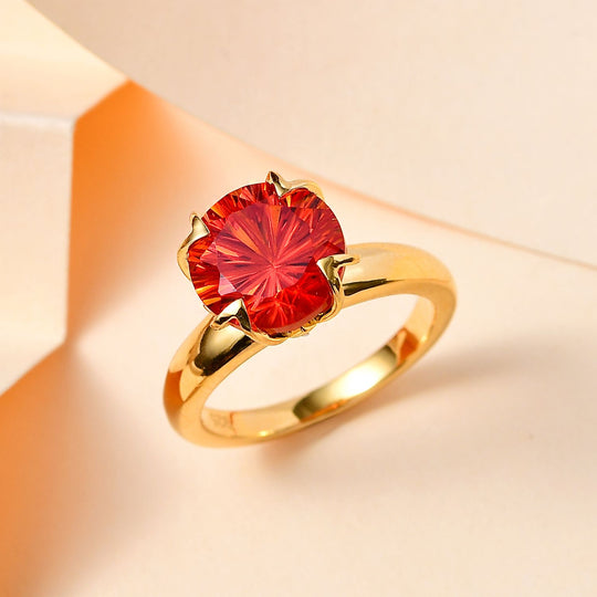 Lab Grown Padparadscha-Saphir, Weißer Zirkon Hanabi Schliff Ring, 925 Silber Gelbgold Vermeil ca. 5.37 ct