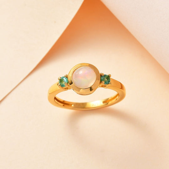 AA Natürlicher, äthiopischer Welo Opal, Smaragd Ring 925 Silber vergoldet (Größe 18.00) ca. 0,69 ct