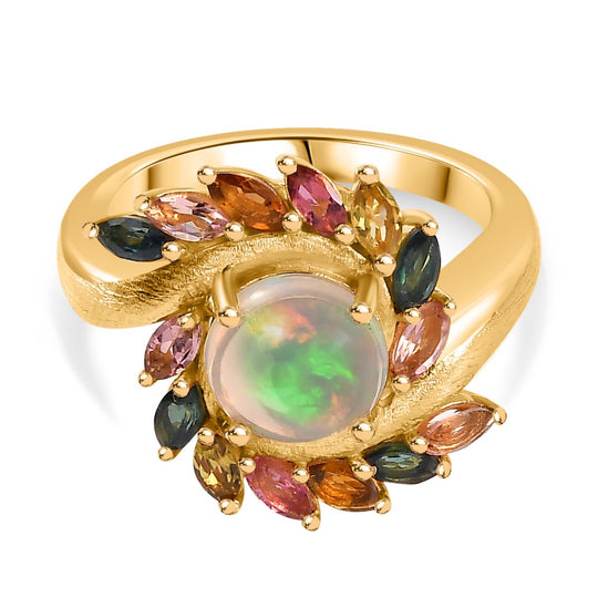 AA Natürlicher, äthiopischer Welo Opal, Mehrfarbiger-Turmalin Ring, 925 Silber Gelbgold Vermeil (Größe 18.00) ca. 2.56 ct