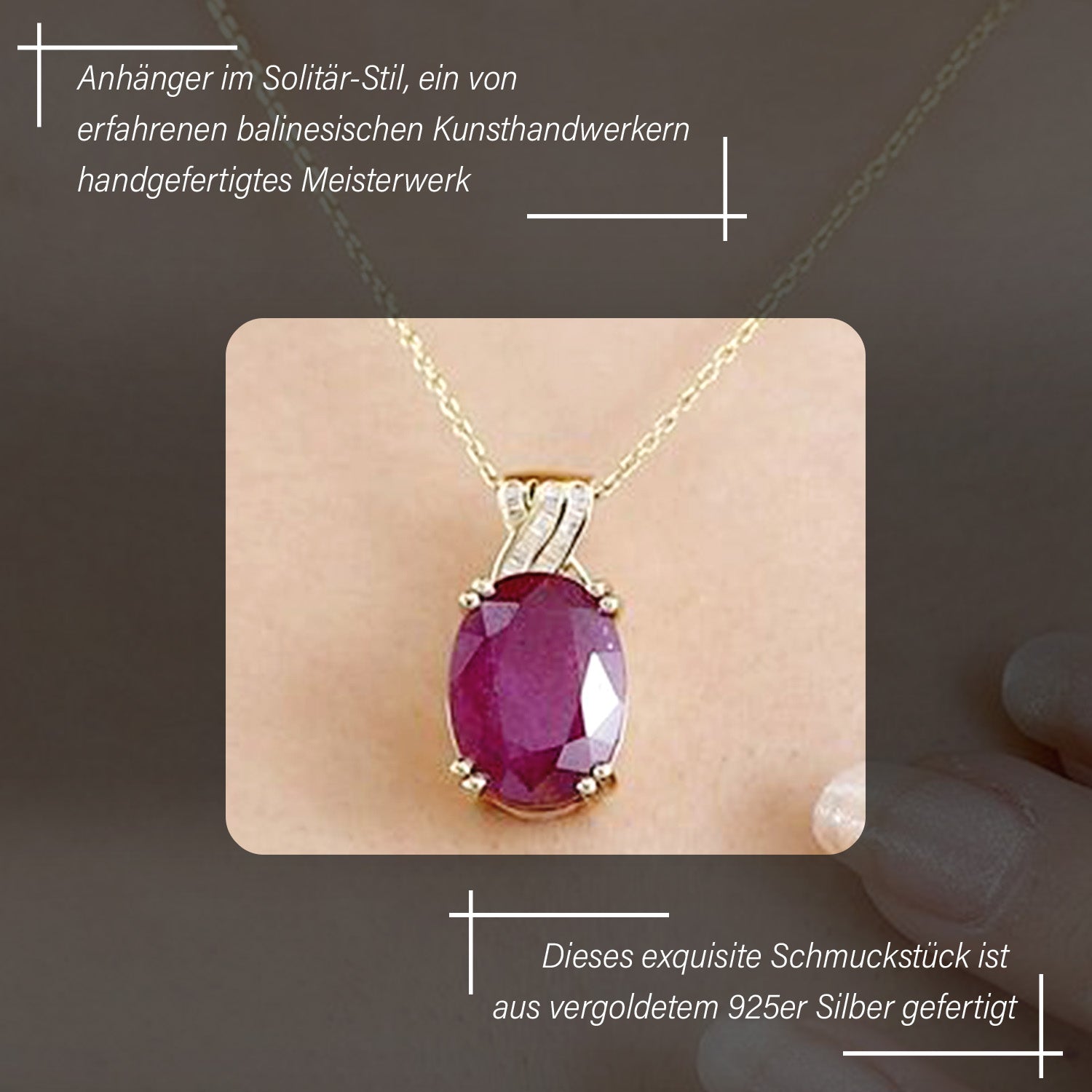 Afrikanischer Rubin (Fissure gefüllt), Weißer Diamant Anhänger 925 Silber vergoldet ca. 15,27 ct.